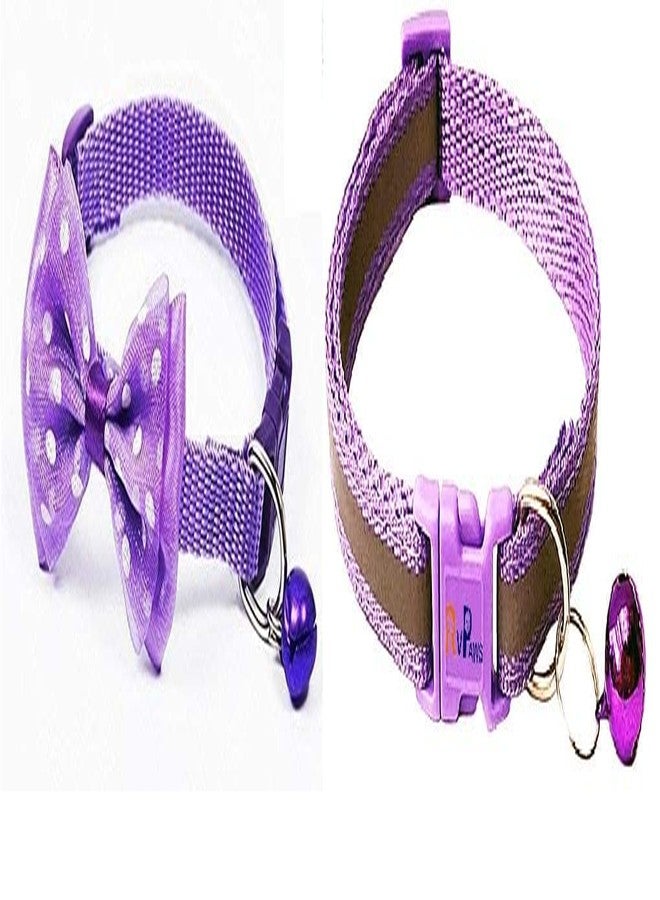 Pups&Pets طوق أمان عاكس من النايلون للحيوانات الأليفة من Pups&Pets مزود بأجراس، ربطة عنق لطيفة على شكل فيونكة مع جرس، ربطة عنق قابلة للتعديل للجراء والكلاب والقطط والقطط الصغيرة (عبوة من قطعتين) (بنفسجي) - Image 1